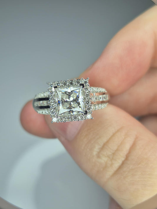 2.80ct Princess Cut Moissanite Ring in Rhodium Overlay 925 Sterling Silver SIZE N