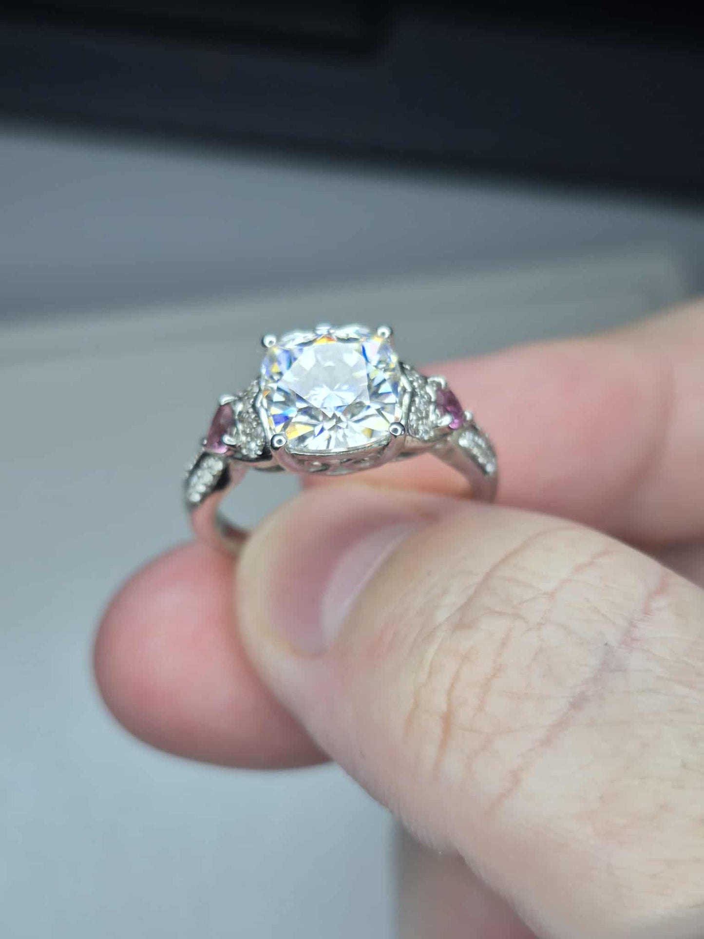 3.07ct Moissanite, Pink Tourmaline &amp; Natural Zircon Ring 925 Sterling Silver SIZE M