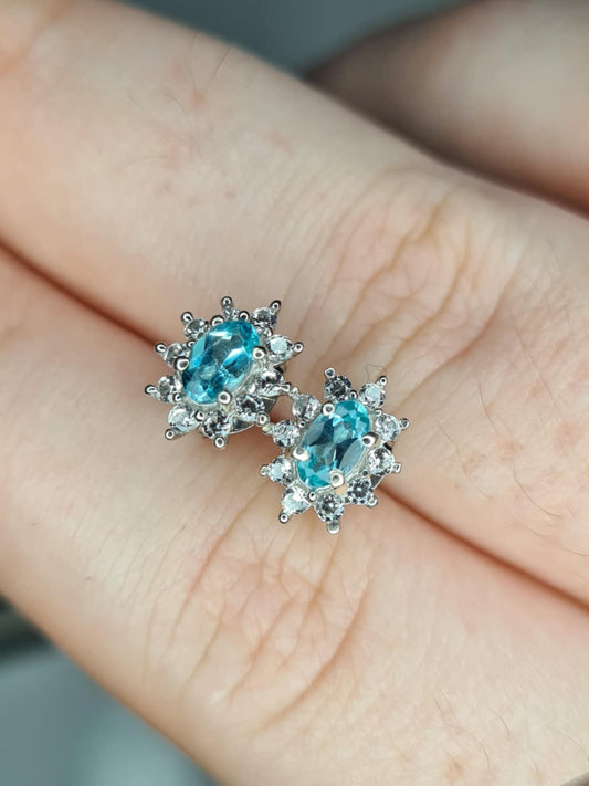 0.90ct Blue Lagoon Apatite and Natural Zircon Halo Earrings in Rhodium Overlay 925 Sterling Silver