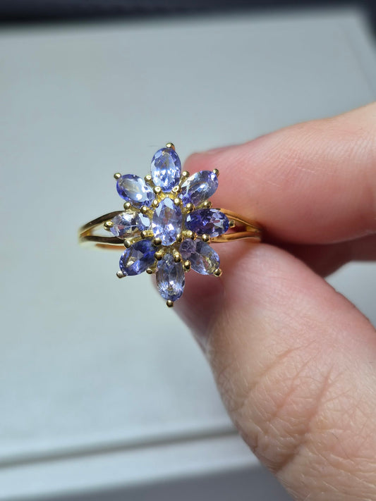 2.12ct Tanzanite Floral Ring in Yellow Gold Plated 925 Sterling Silver SIZE O