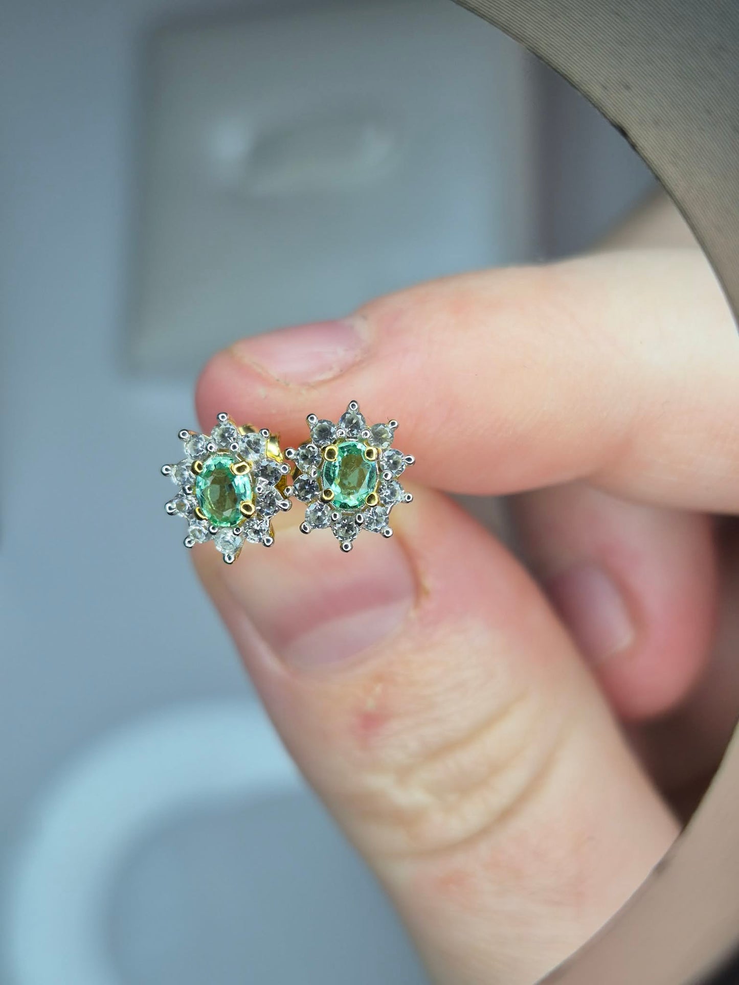 Colombian Emerald & White Zircon Stud Earrings 18k Gold Overlay 925 Sterling Silver