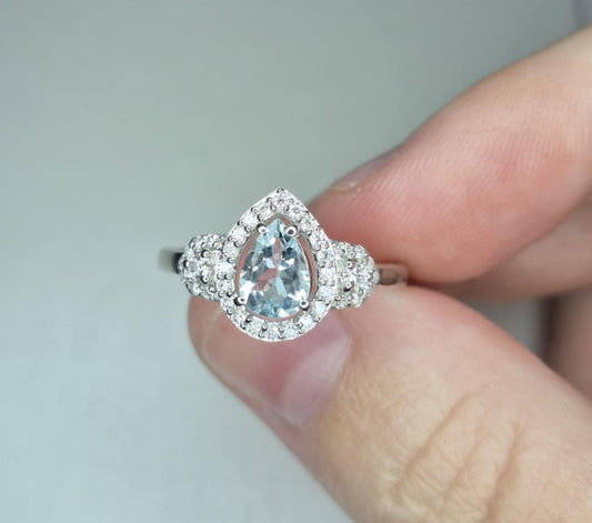Aquamarine & Moissanite Ring in Rhodium Overlay 925 Sterling Silver SIZE M