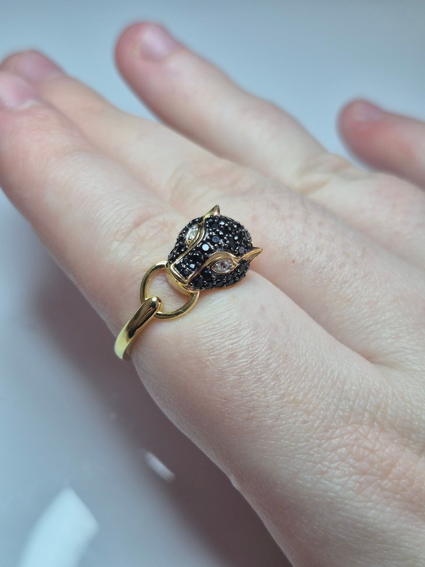 1.16ct Black Spinel &amp; White Zircon Panther Ring in 18K 925 Sterling Silver SZIES R, S