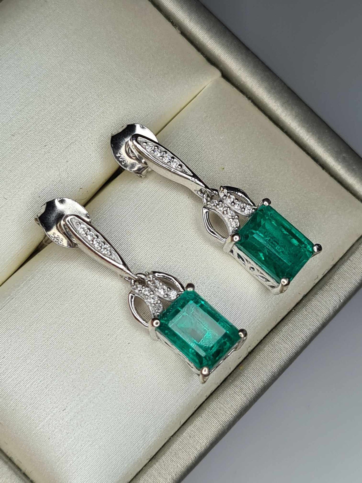 5ct Emeraldine Quartz & Zircon Dangle Earrings in Rhodium Overlay 925 Sterling Silver