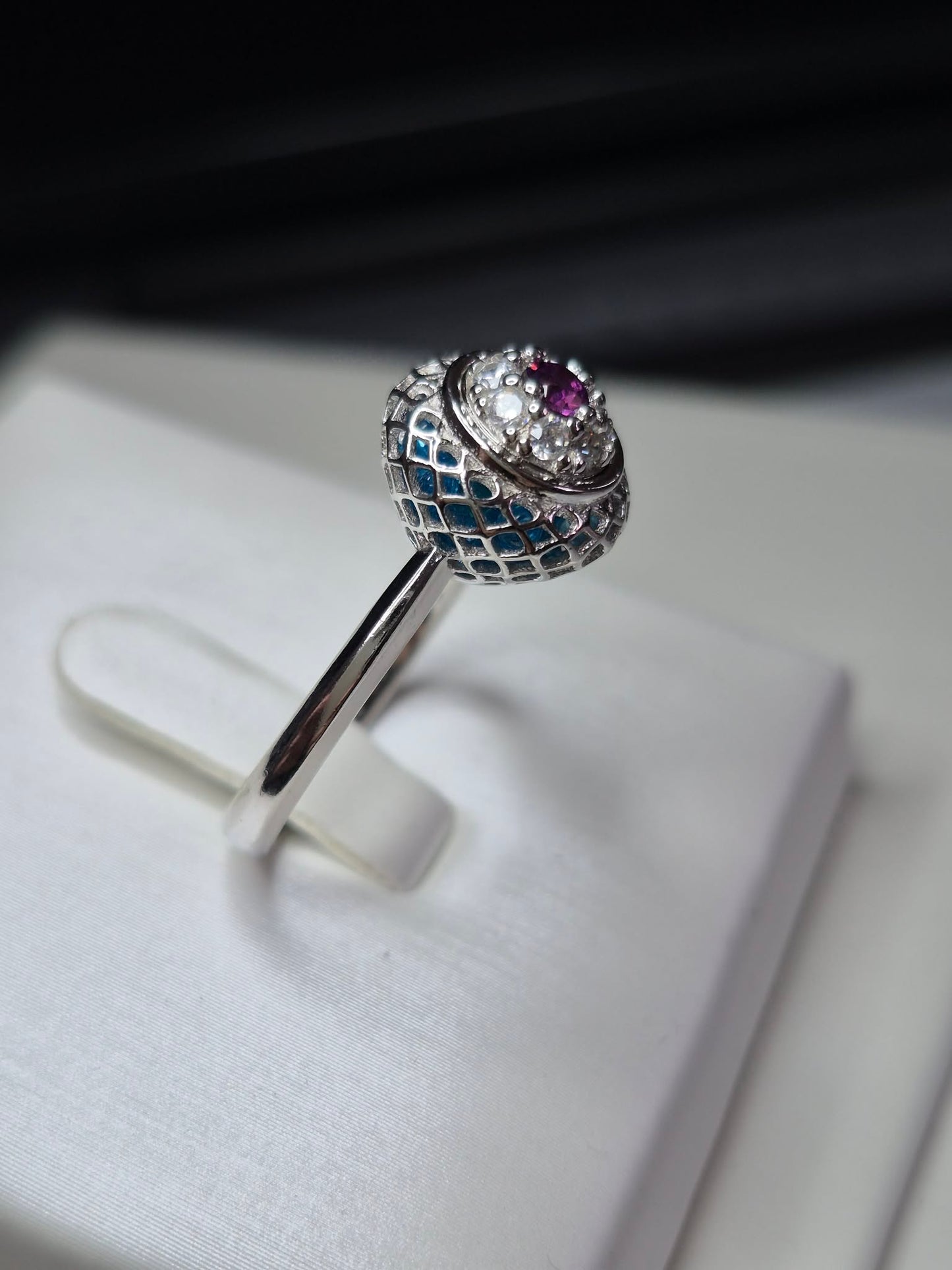 Art Deco Blue Apatite Ring in Rhodium Overlay 925 Sterling Silver SIZE N
