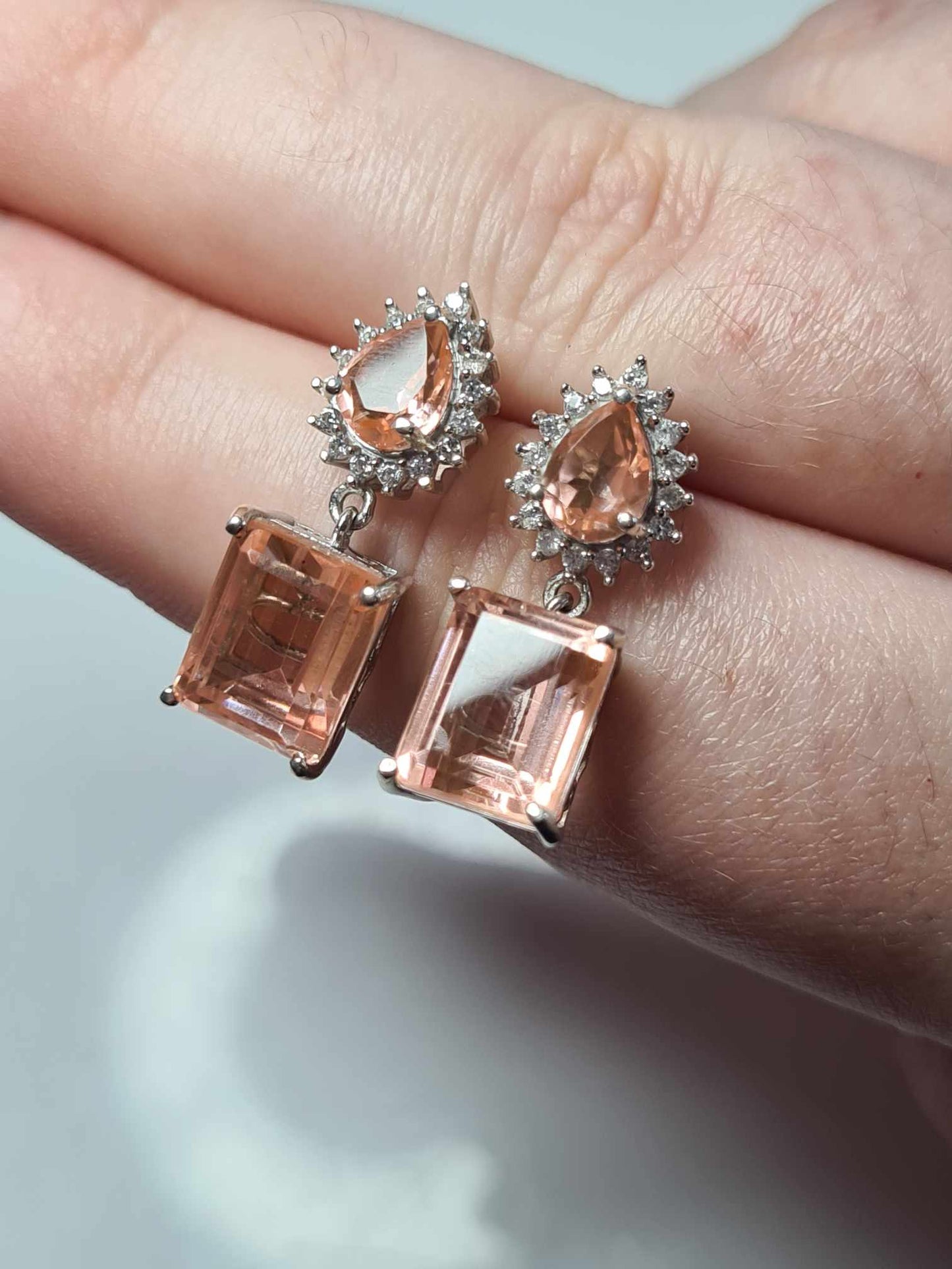 10.15ct Morganite Colour Quartz & Natural Zircon Dangle Earrings in Platinum Overlay 925 Sterling Silver