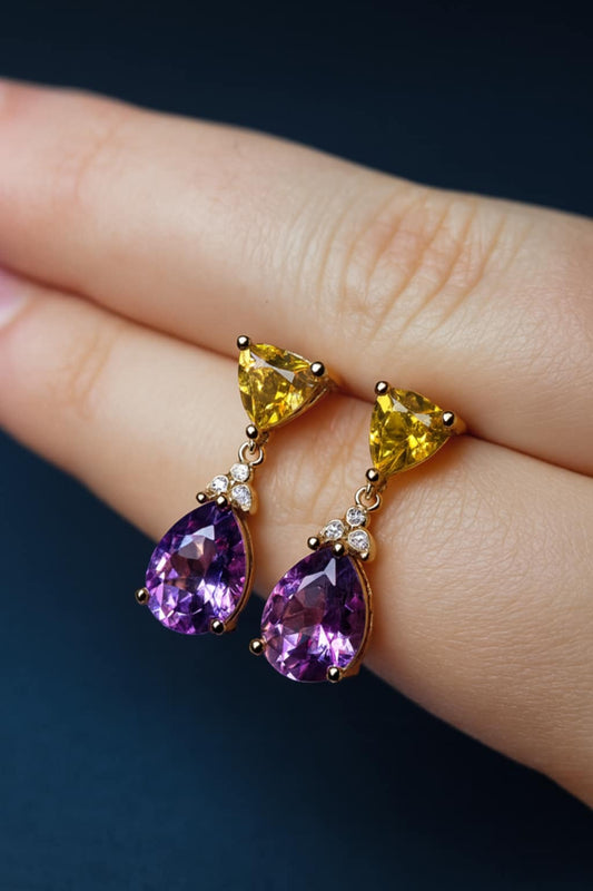 5.71ct Rose De France Amethyst, Citrine Dangle Earrings 925 Sterling Silver