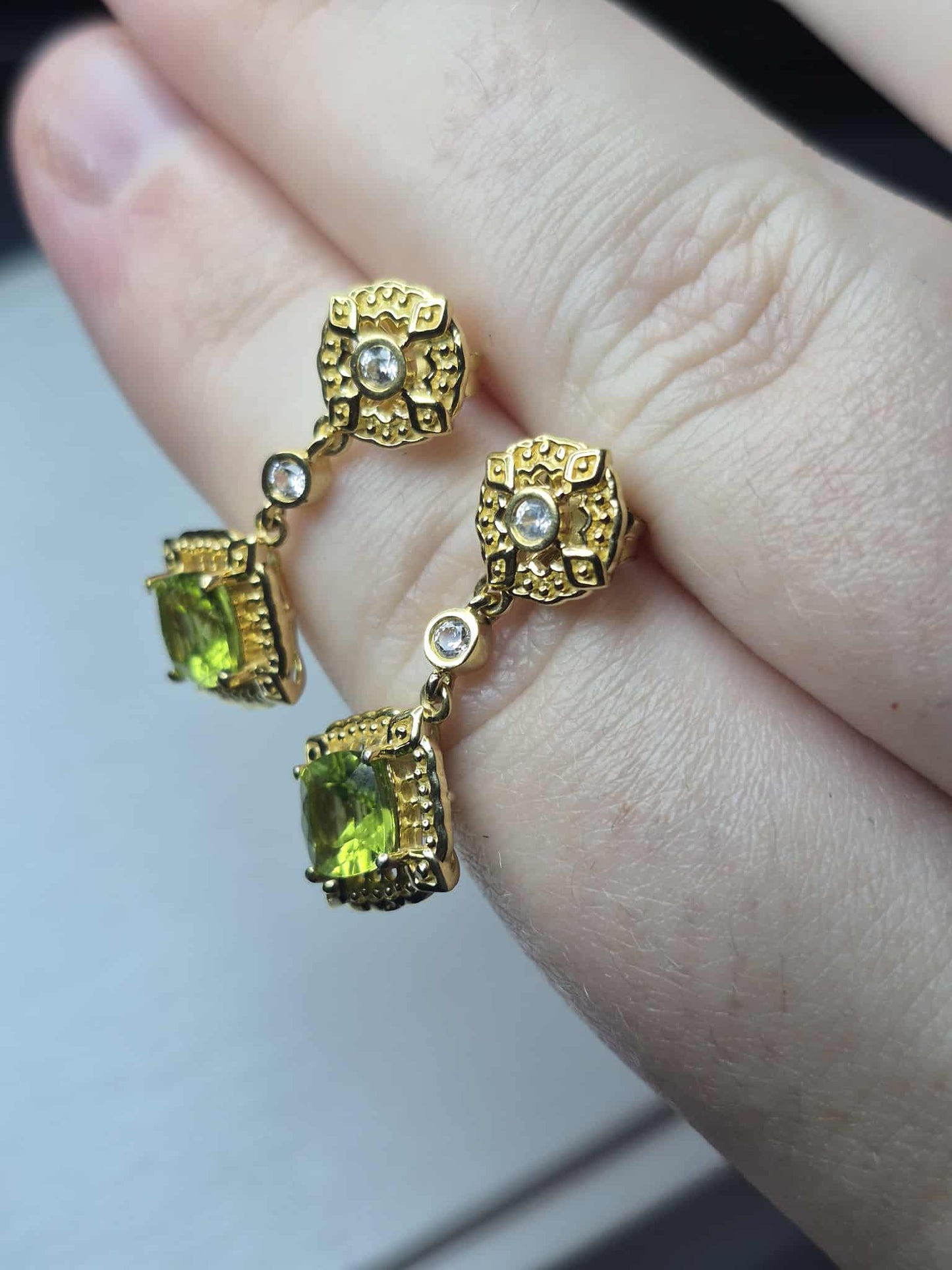 Natural Hebei Peridot, White Zircon Dangling Victorian Dangle Earrings 925 Sterling Silver