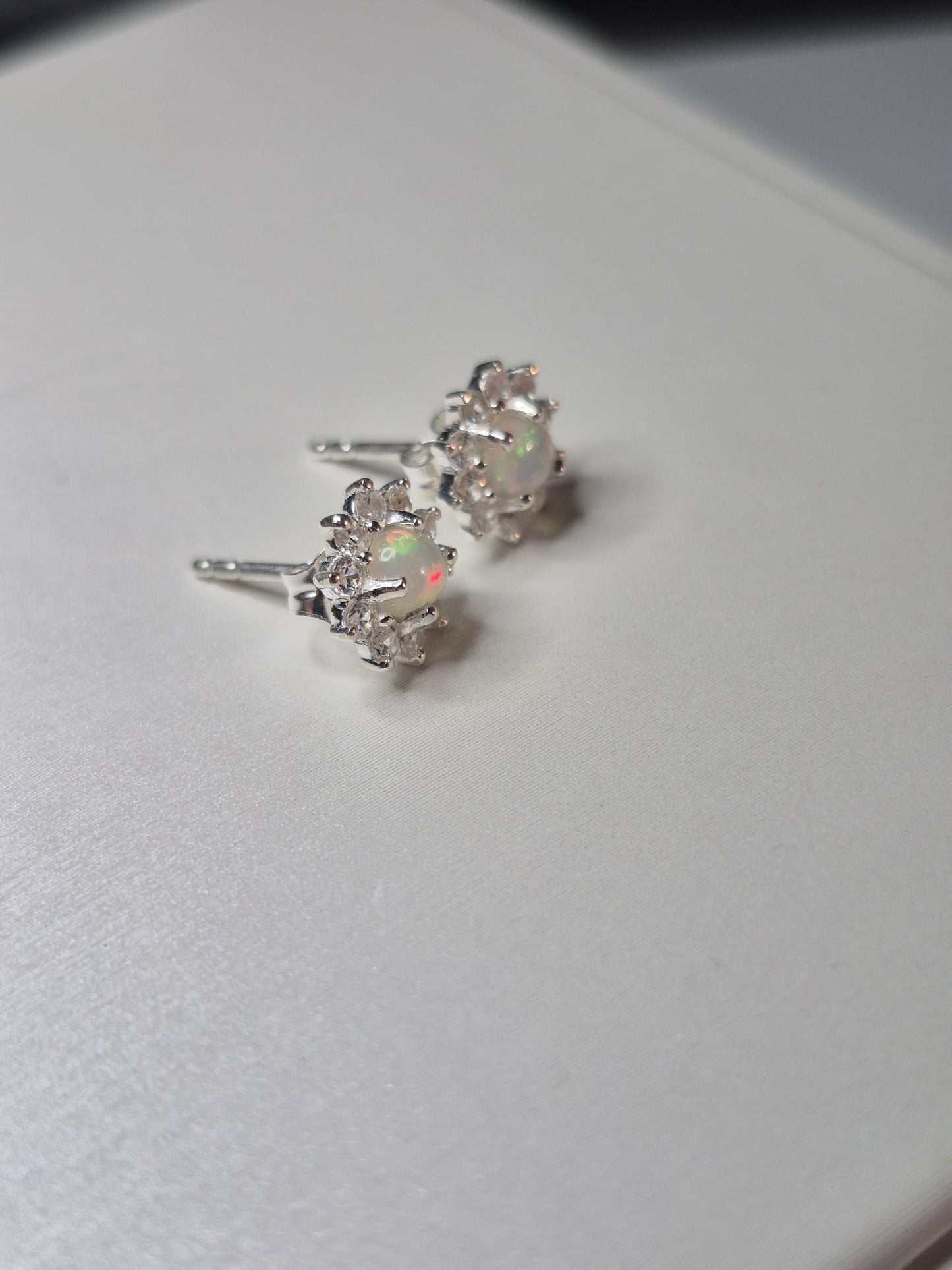 Ethiopian Opal & White Zircon Halo Earrings 925 Sterling Silver