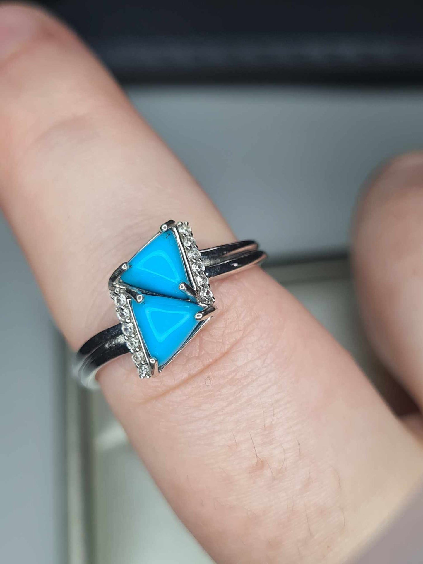 1.17 Ct. Arizona Sleeping Beauty Turquoise Triangle Ring in Platinum Overlay 925 Sterling Silver SIZE P