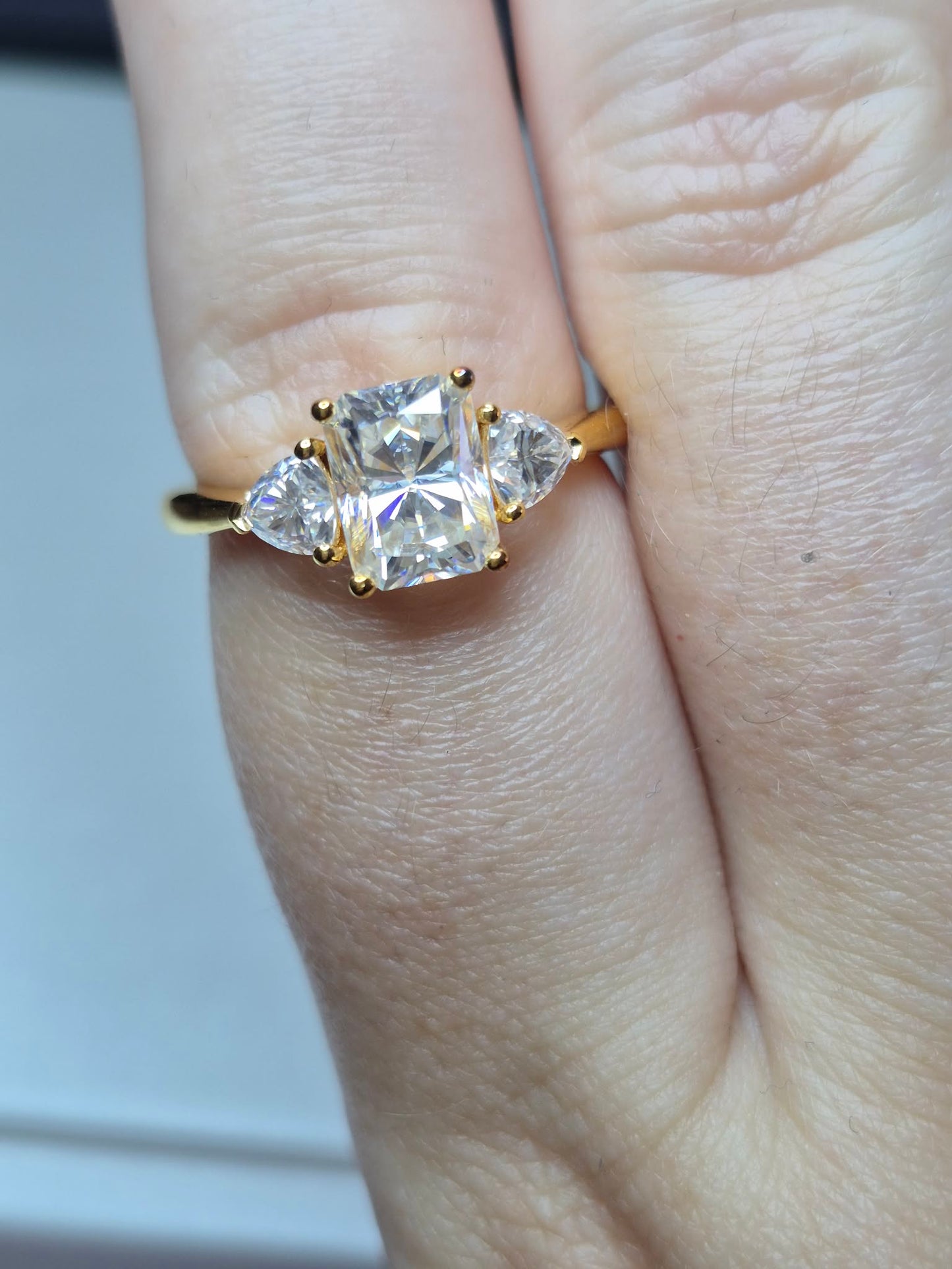 Premium Moissanite Trilogy Ring 18k Gold Plated 925 Sterling Silver SIZE P