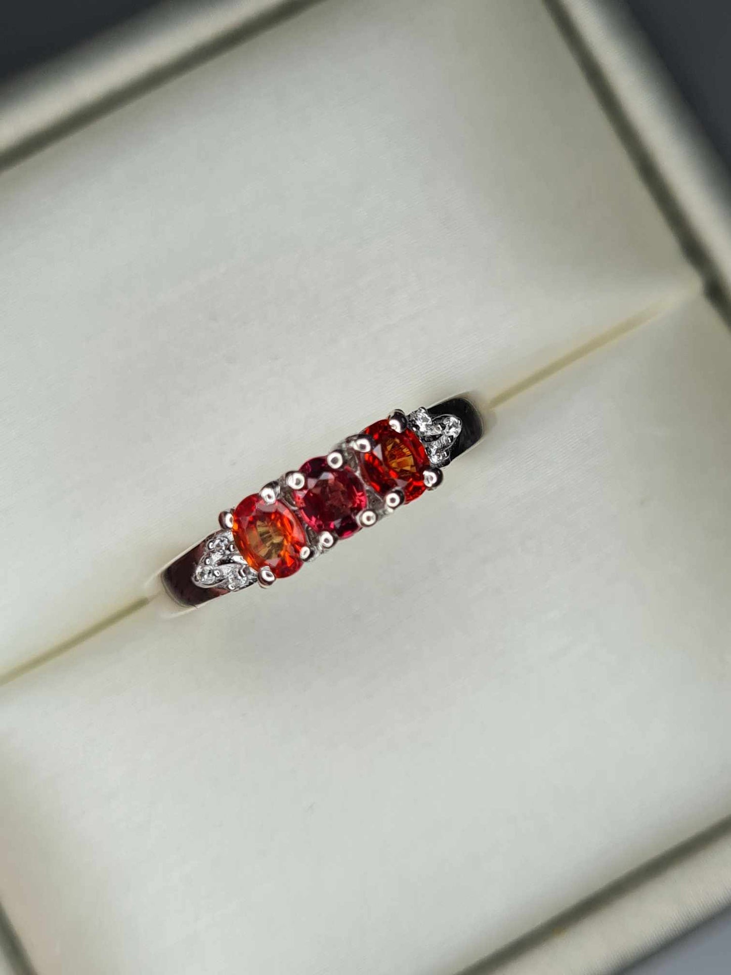 0.753ct Red Sapphire & White Zircon Trilogy Ring in Rhodium Overlay 925 Sterling Silver SIZE L