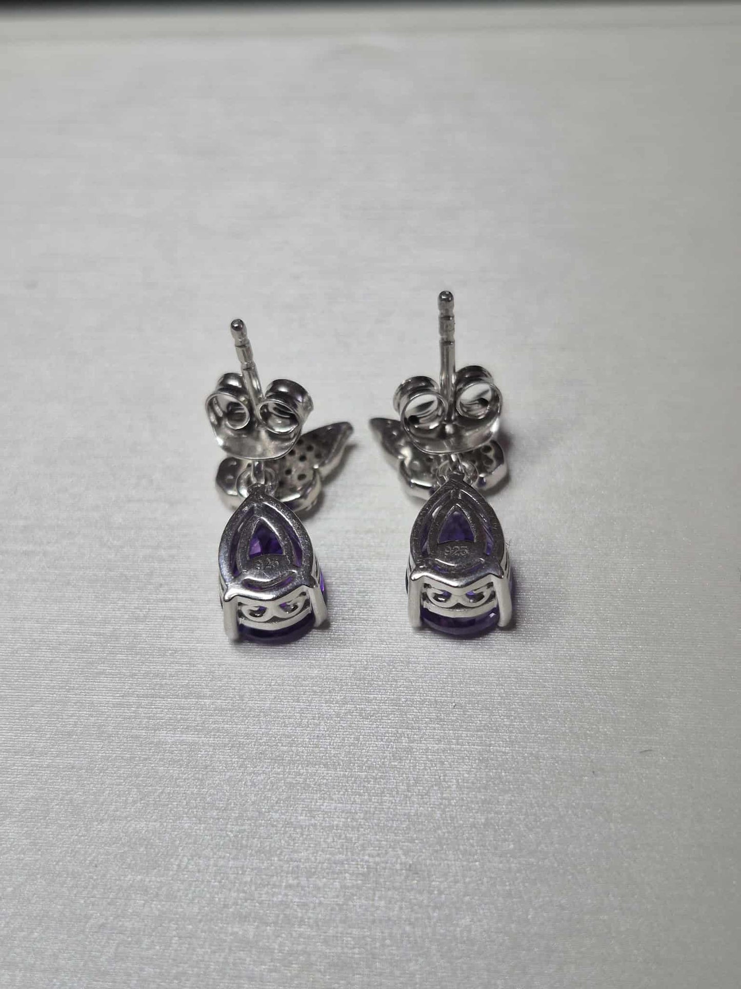 Natural Moroccan Amethyst White Zircon Butterfly Earrings 925 Sterling Silver