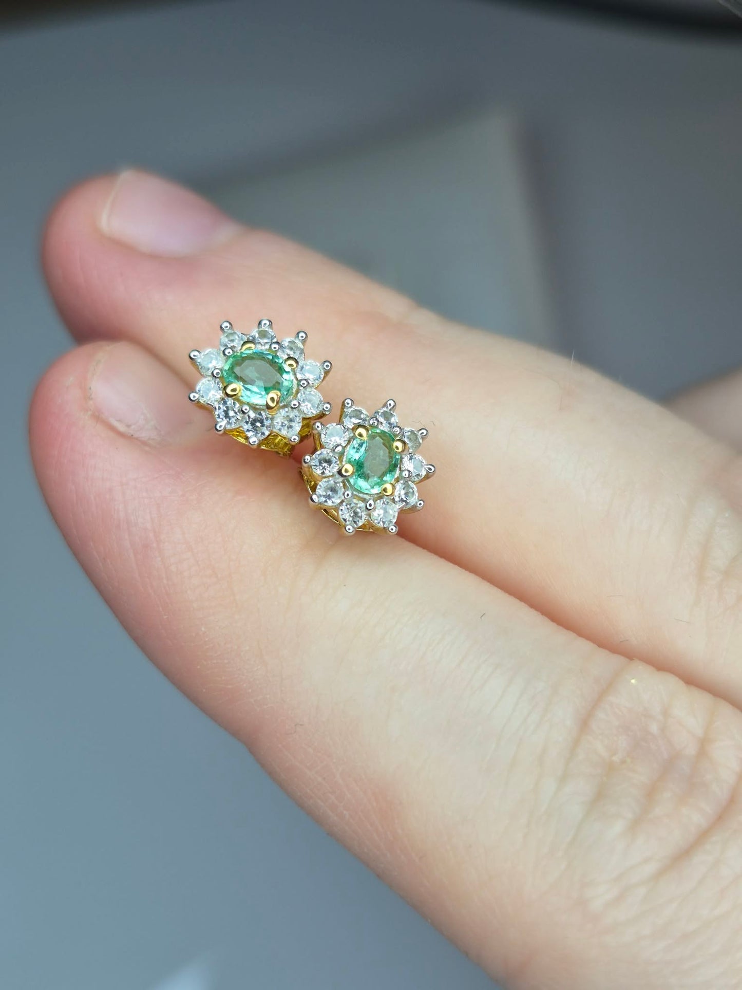 Colombian Emerald & White Zircon Stud Earrings 18k Gold Overlay 925 Sterling Silver