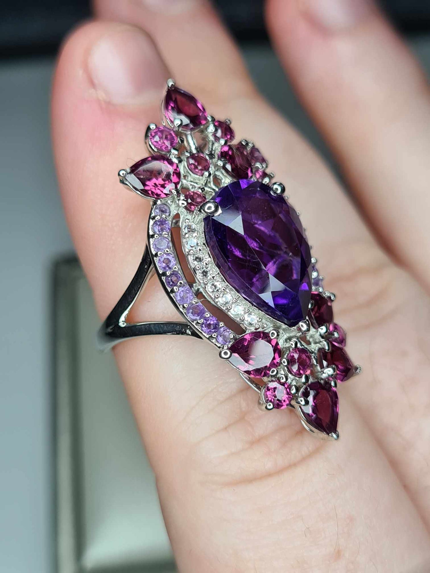 8.57ct Amethyst, Rhodolite Garnet and Natural Zircon Floral Ring in Platinum Overlay 925 Sterling Silver