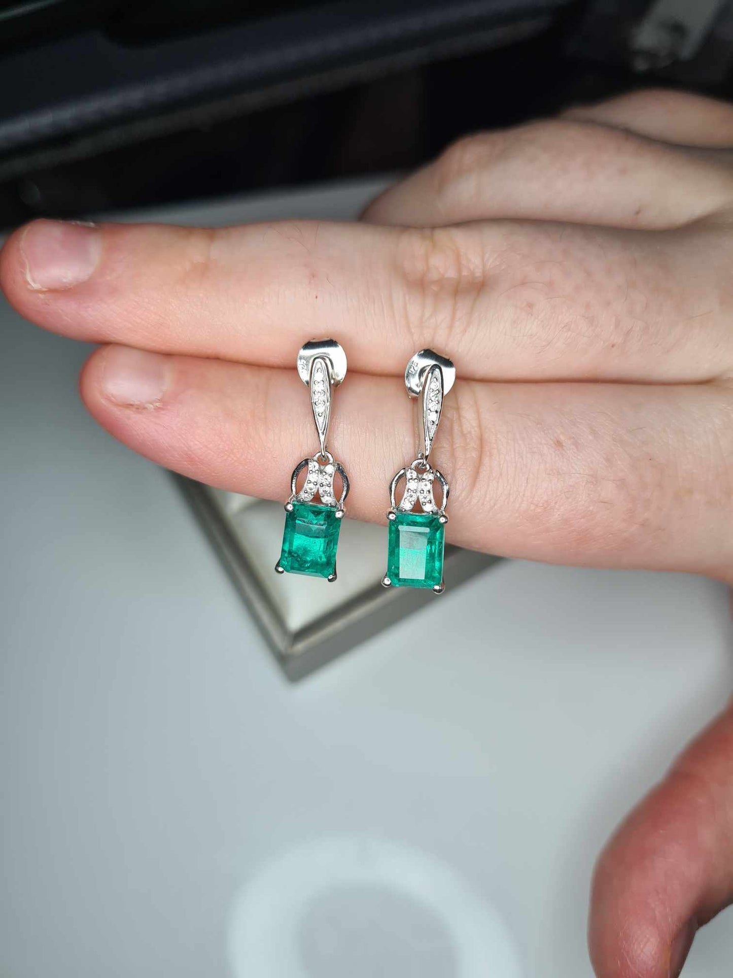 5ct Emeraldine Quartz & Zircon Dangle Earrings in Rhodium Overlay 925 Sterling Silver