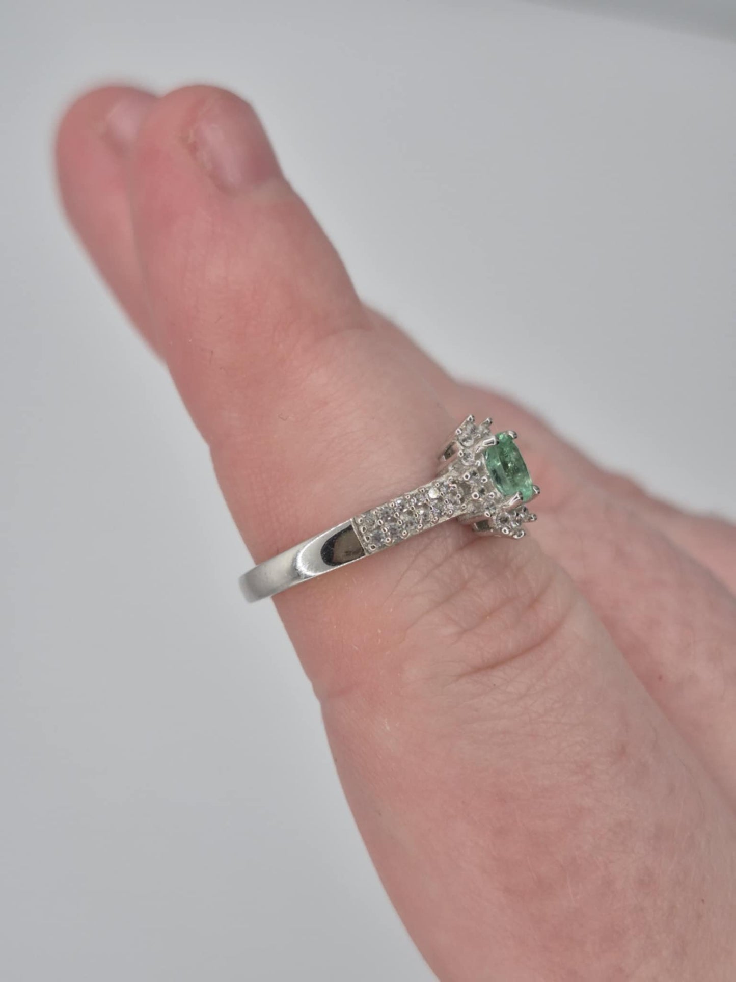 Colombian Emerald & White Zircon Halo Ring in Rhodium Overlay 925 Sterling Silver SIZE N