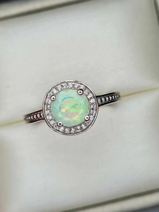 1ct Ethiopian Welo Opal & Natural Zircon Halo Ring in Platinum Overlay 925 Sterling Silver