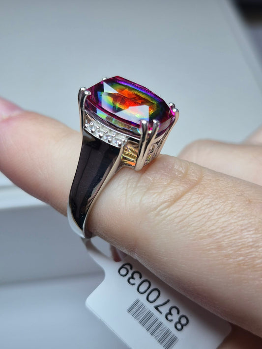 8ct Nebula Quartz Doublet & White Zircon Ring in Rhodium Overlay Sterling Silver SIZE L