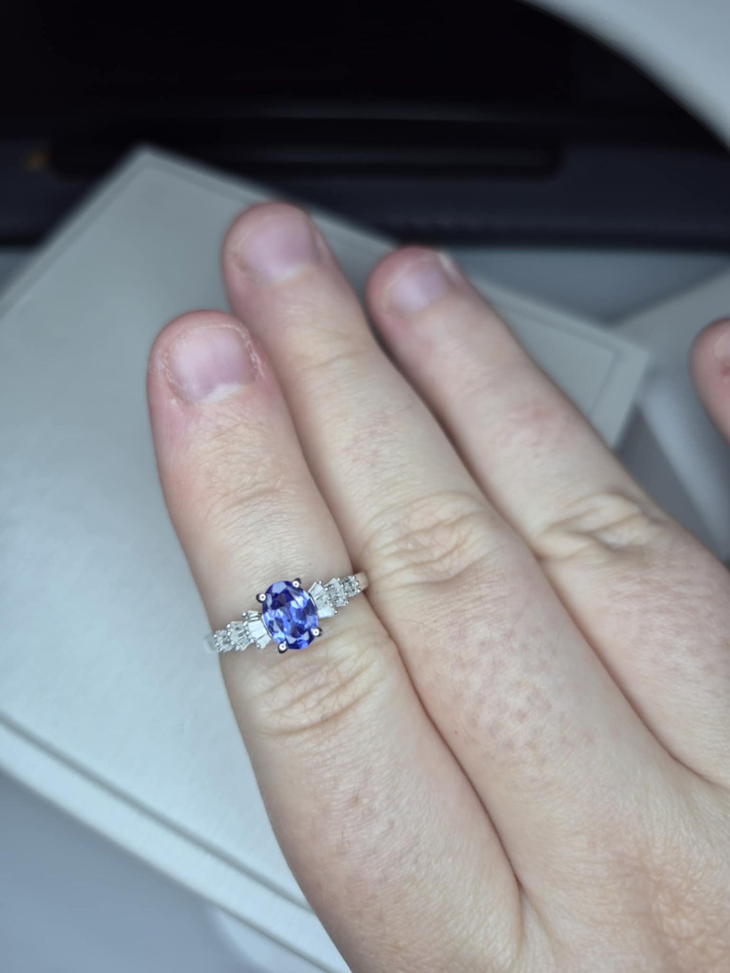 Tanzanite & White Diamond Ballerina Ring Rhodium Overlay 925 Sterling Silver SIZE M