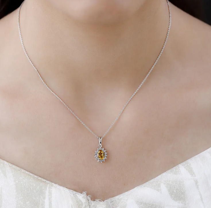 1ct Citrine and Natural Zircon Halo Necklace 925 Sterling Silver