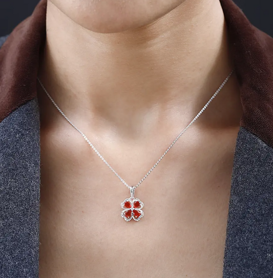0.790ct. Fire Opal & Natural Zircon Clover Necklace in Platinum Overlay 925 Sterling Silver