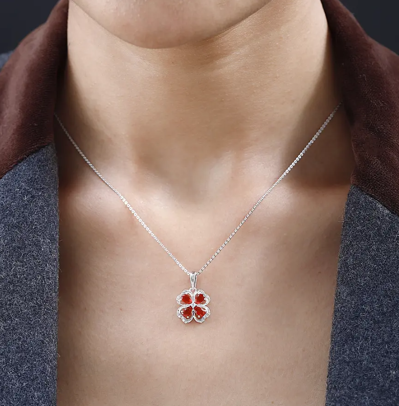 0.790ct. Fire Opal &amp; Natural Zircon Clover Necklace in Platinum Overlay 925 Sterling Silver