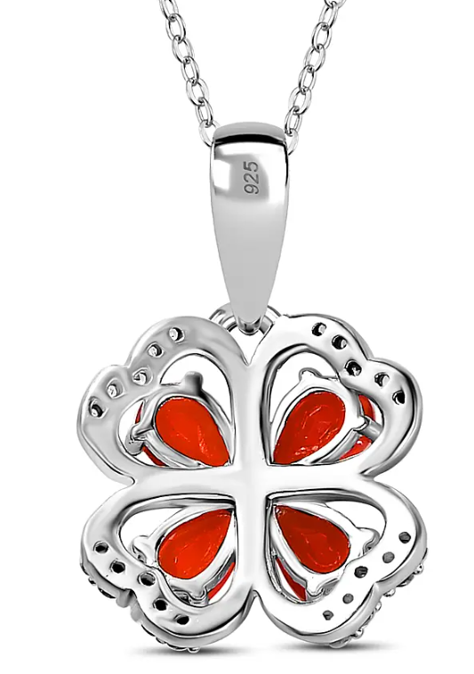 0.790ct. Fire Opal &amp; Natural Zircon Clover Necklace in Platinum Overlay 925 Sterling Silver