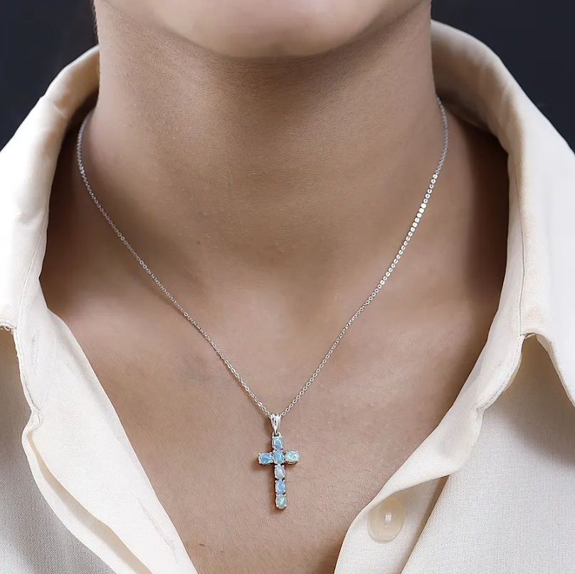 0.760ct. Ethiopian Opal Cross Necklace 925 Sterling Silver with platinum overlay