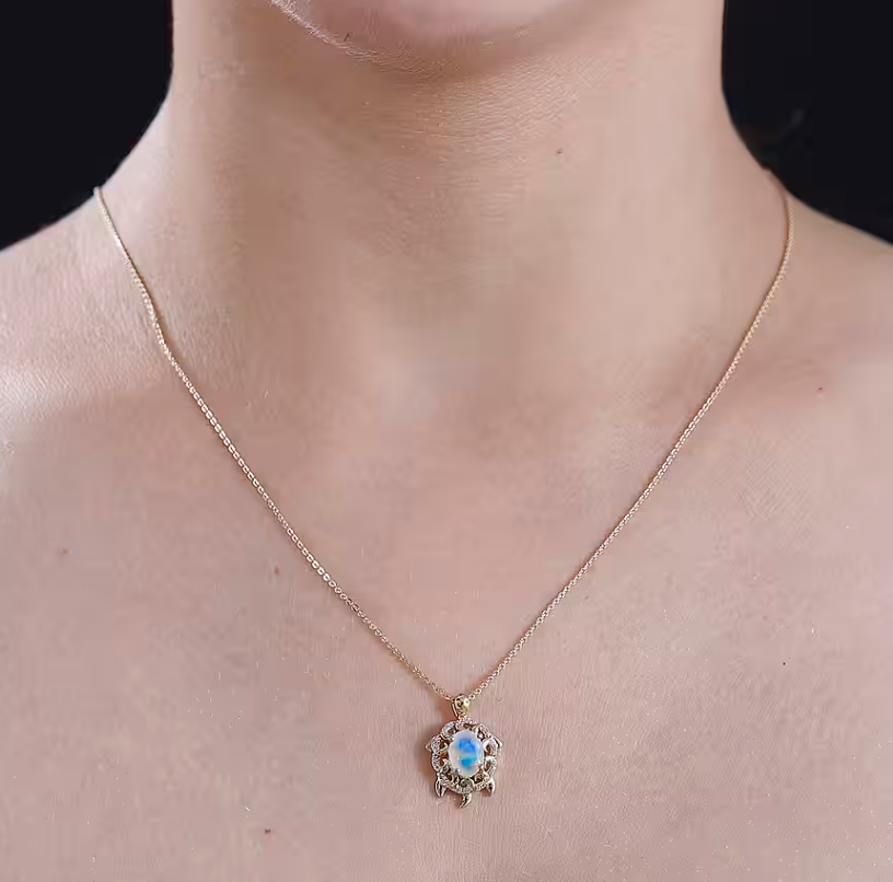 1.38ct Ethiopian Opal, White Zircon Turtle Necklace 18K Gold Overlay 925 Sterling Silver