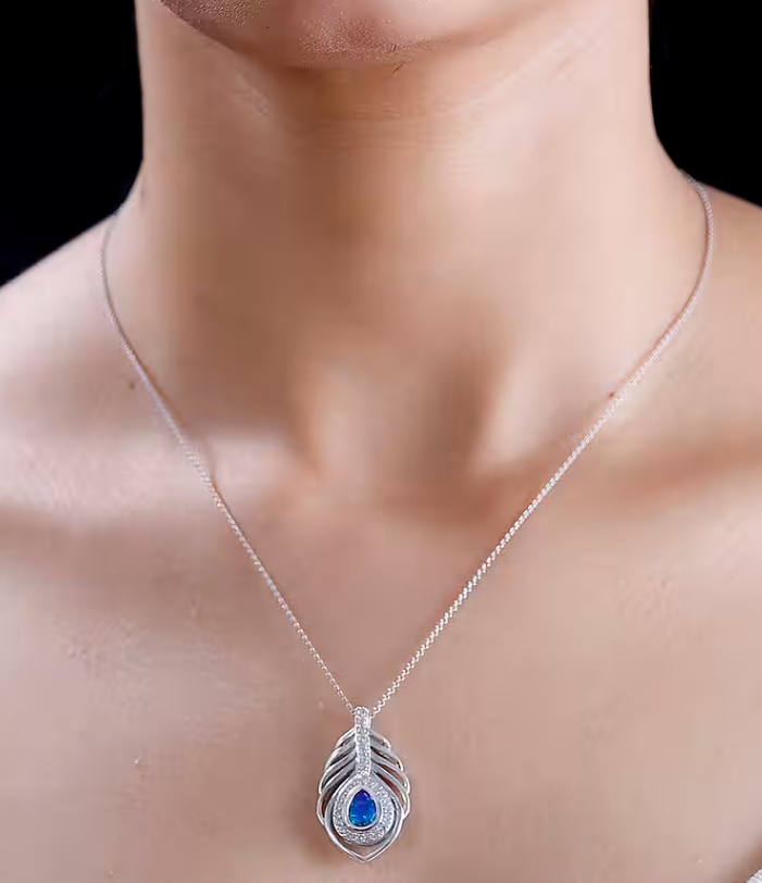 Peacock Triplet Quartz, White Zircon Feather Necklace in Rhodium Overlay 925 Sterling Silver