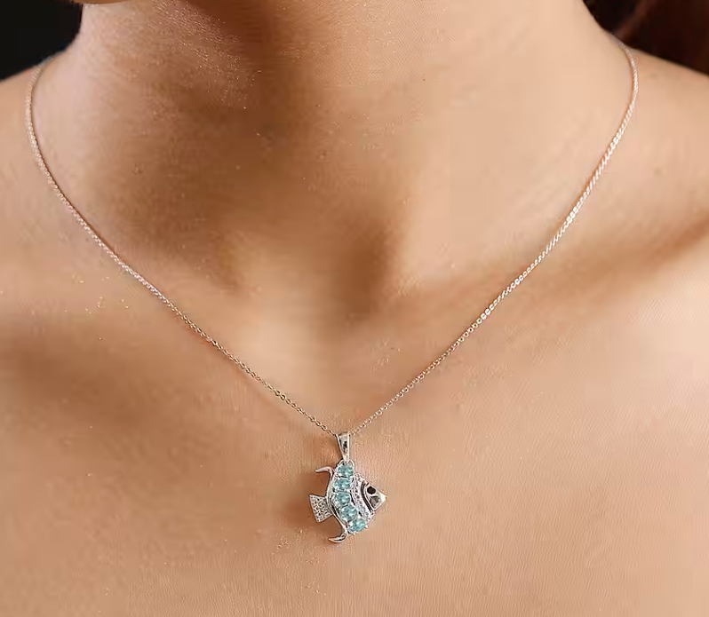 0.950ct. Lagoon Apatite Fish Necklace in Rhodium Overlay 925 Sterling Silver