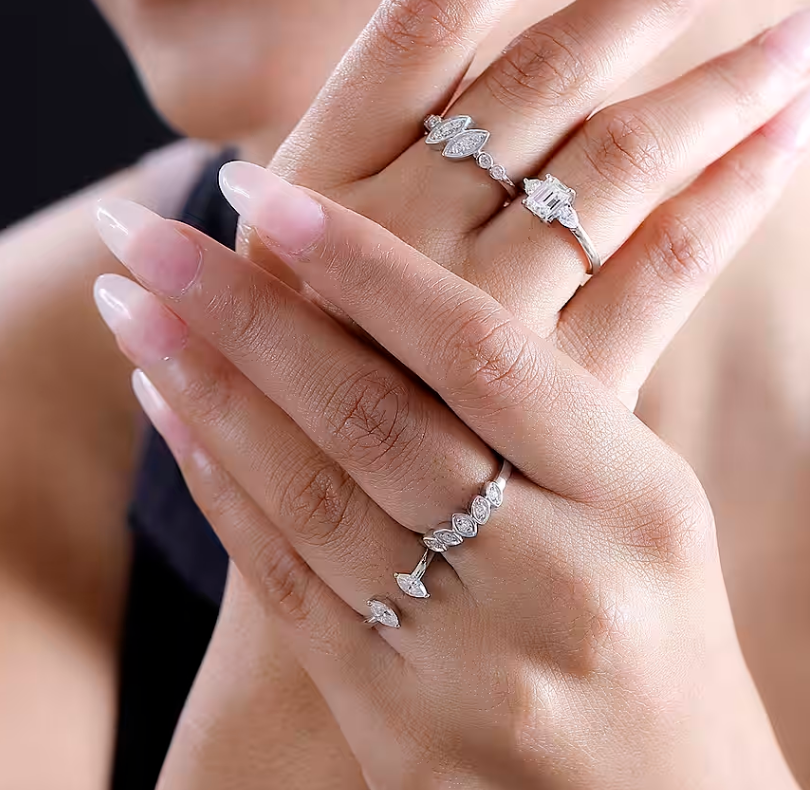 Set of 4 2.800ct Moissanite Rings in Rhodium Overlay925 Sterling Silver SIZE Q