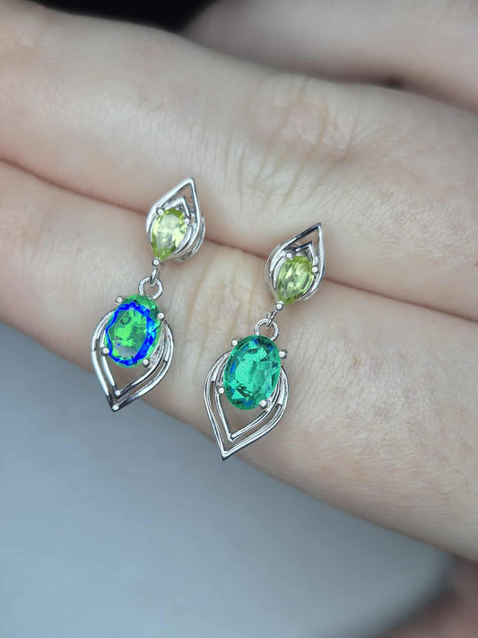 2.08ct Peacock Triplet Quartz & Peridot Dangling Earrings 925 Sterling Silver