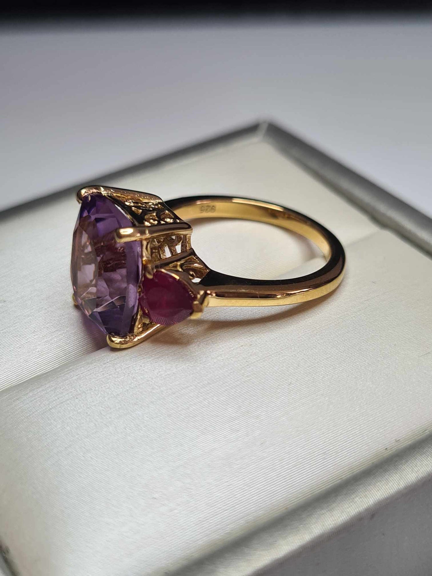 6.660 Ct. African Amethyst & Ruby Trilogy Ring in 18K Gold Overlay 925 Sterling Silver