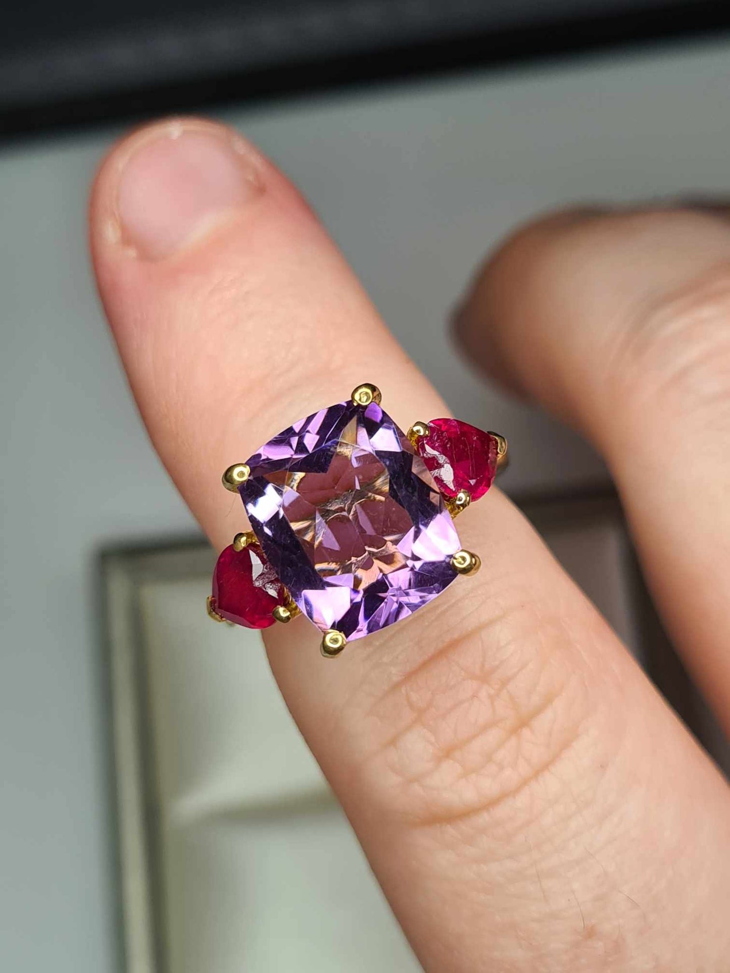 6.660 Ct. African Amethyst & Ruby Trilogy Ring in 18K Gold Overlay 925 Sterling Silver