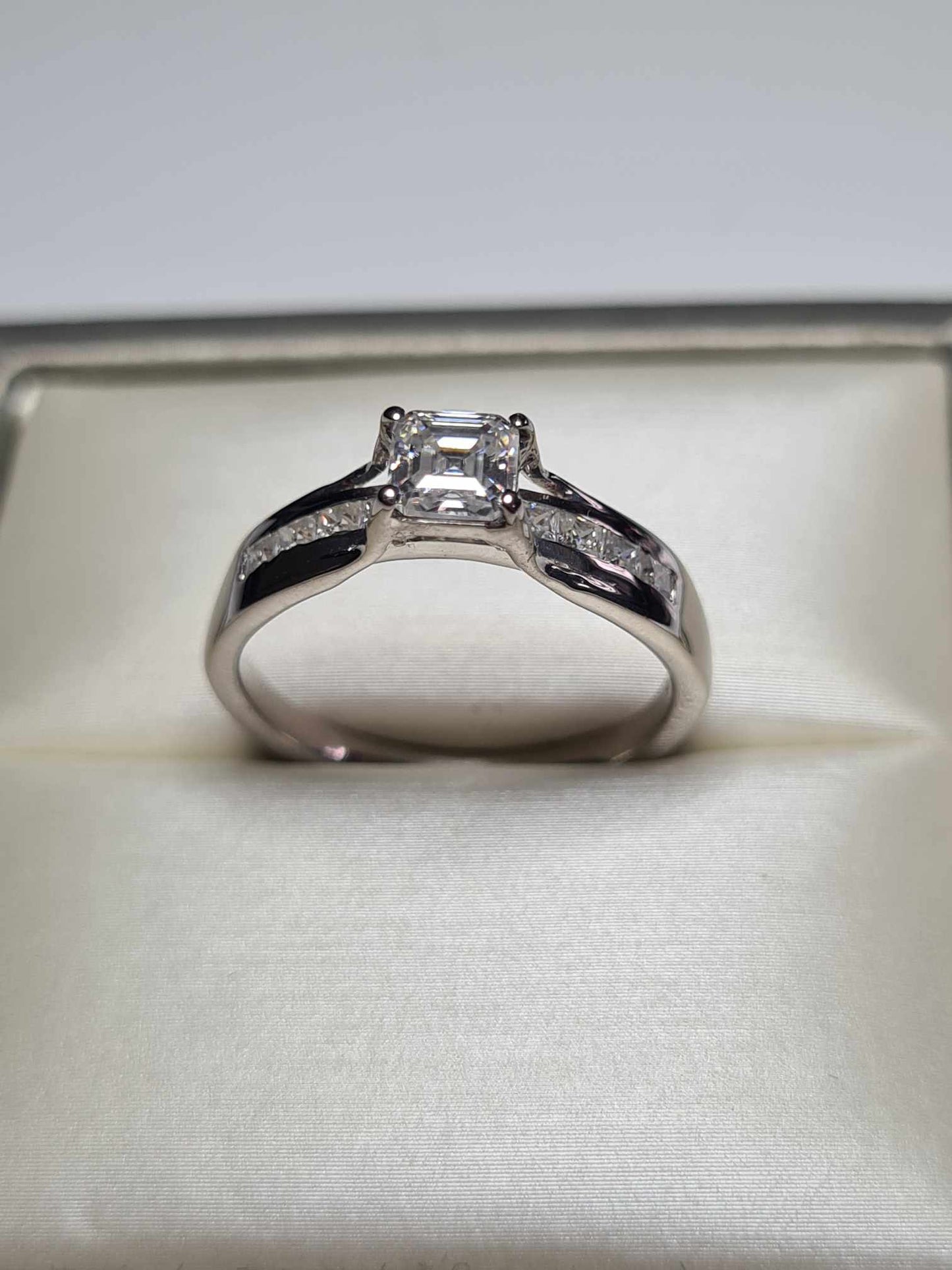 1.15ct Asscher Cut Moissanite Ring in Platinum Overlay 925 Sterling Silver SIZE N OR S