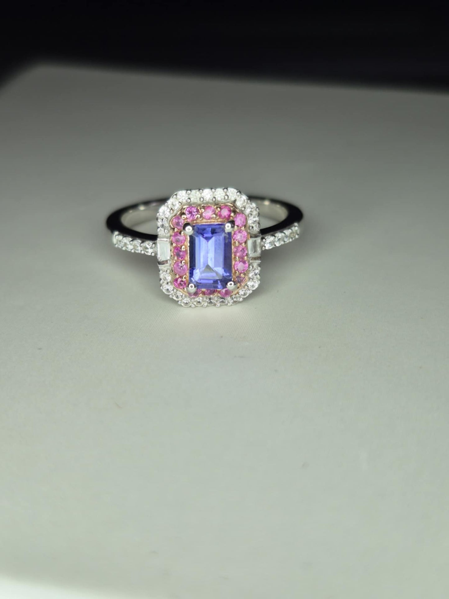 Tanzanite & Pink Sapphire Halo Ring in 18K Rose Gold Overlay 925 Sterling Silver
