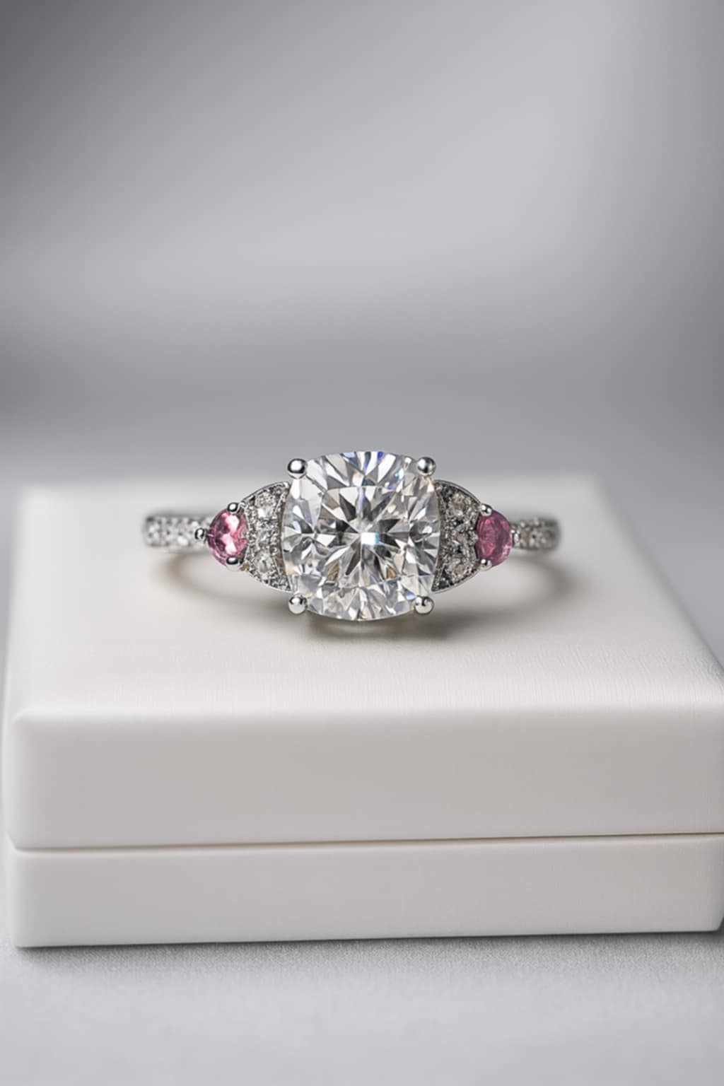 3.07ct Moissanite, Pink Tourmaline &amp; Natural Zircon Ring 925 Sterling Silver SIZE M