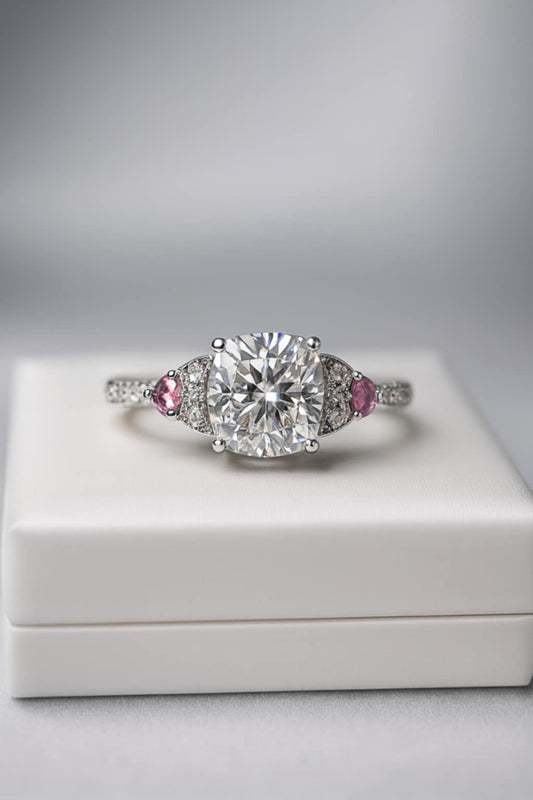 3.07ct Moissanite, Pink Tourmaline &amp; Natural Zircon Ring 925 Sterling Silver SIZE M