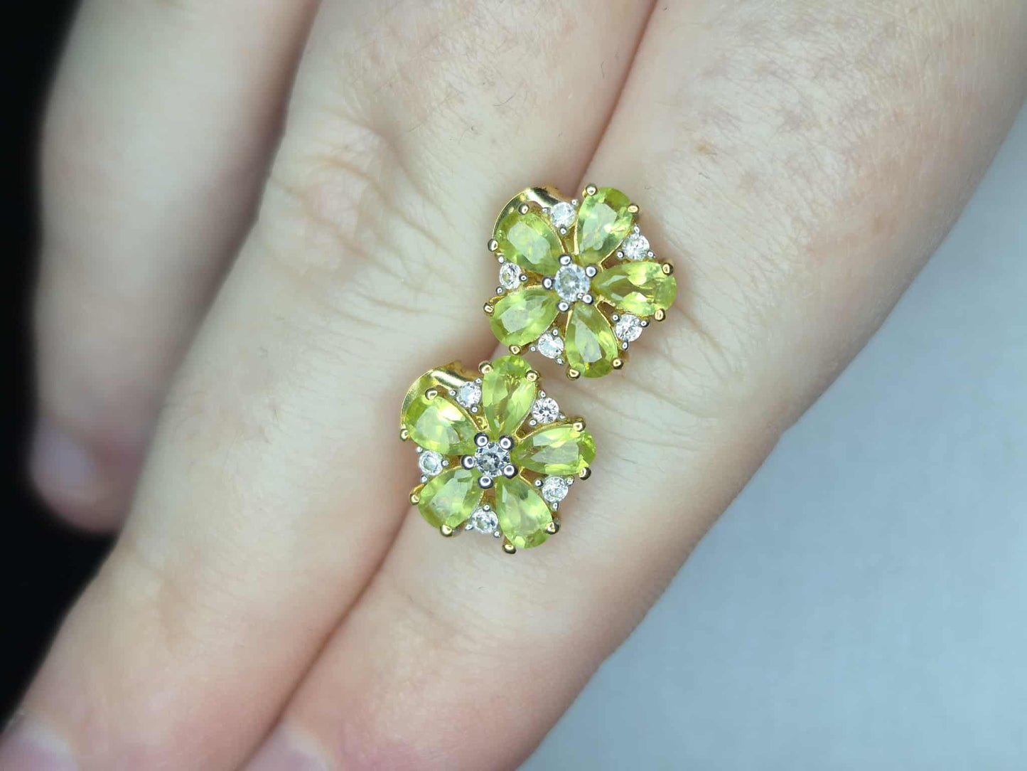 Natural Hebei Peridot & White Zircon Flower Stud Earrings in Gold Overlay 925 Sterling Silver