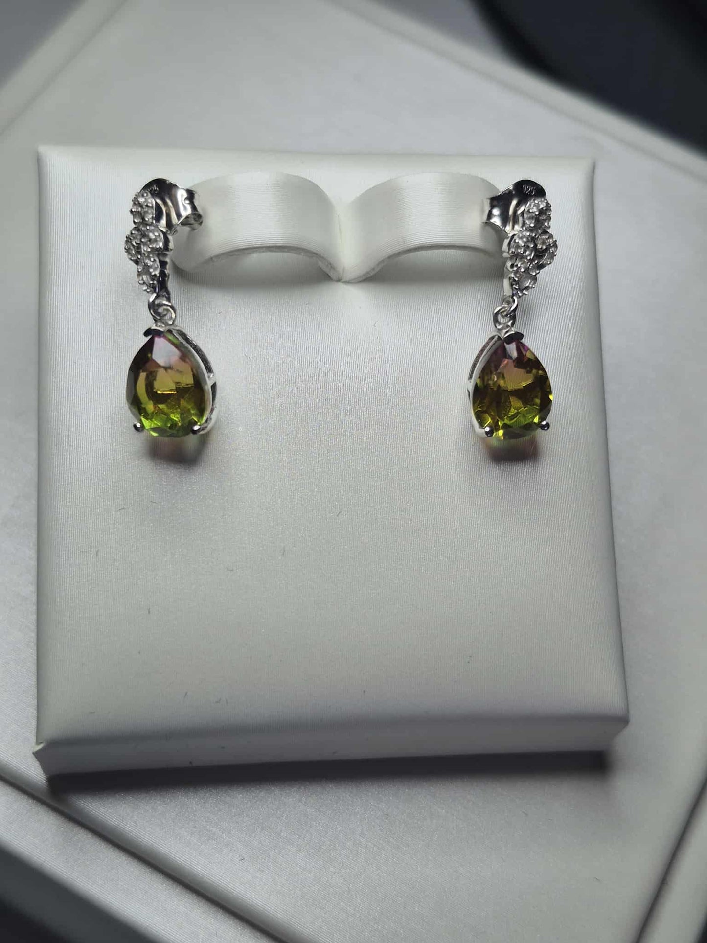 Rainbow Genesis Quartz, White Zircon Dangle Earrings in 925 Sterling Silver