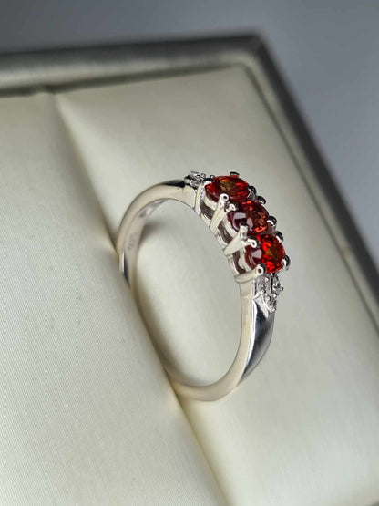 0.753ct Red Sapphire & White Zircon Trilogy Ring in Rhodium Overlay 925 Sterling Silver SIZE L