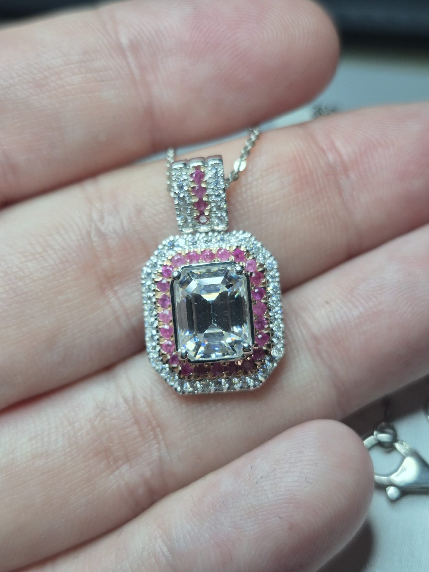 Moissanite & Pink Sapphire Necklace Rhodium Overlay 925 Sterling Silver