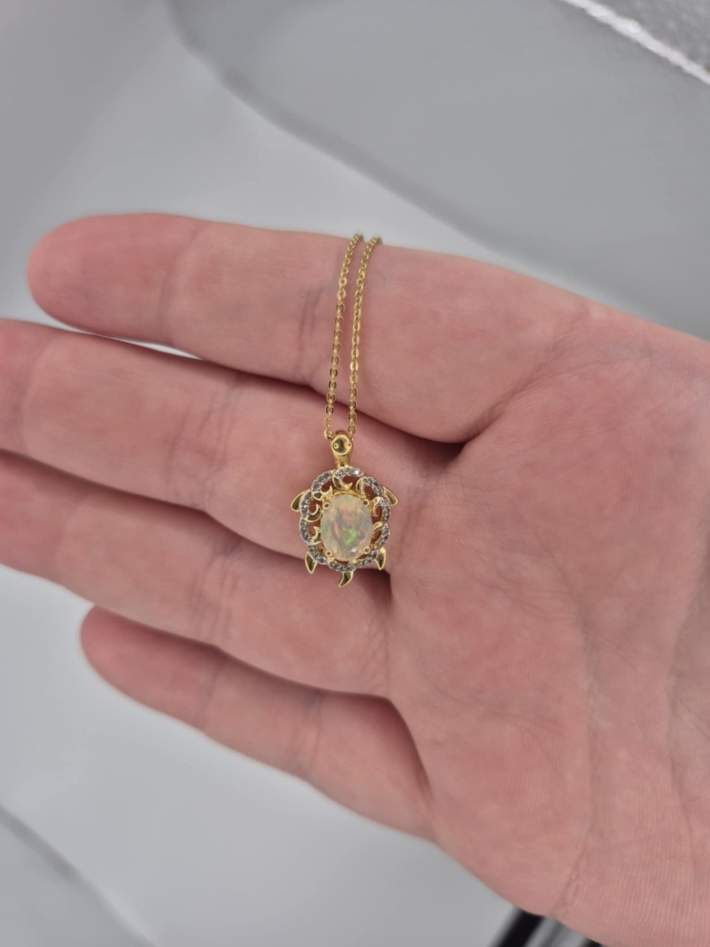 1.38ct Ethiopian Opal, White Zircon Turtle Necklace 18K Gold Overlay 925 Sterling Silver