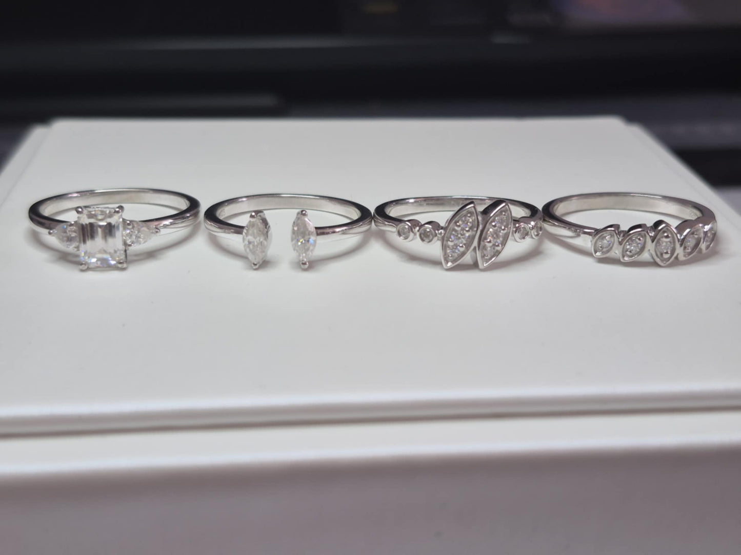 Set of 4 2.800ct Moissanite Rings in Rhodium Overlay925 Sterling Silver SIZE Q