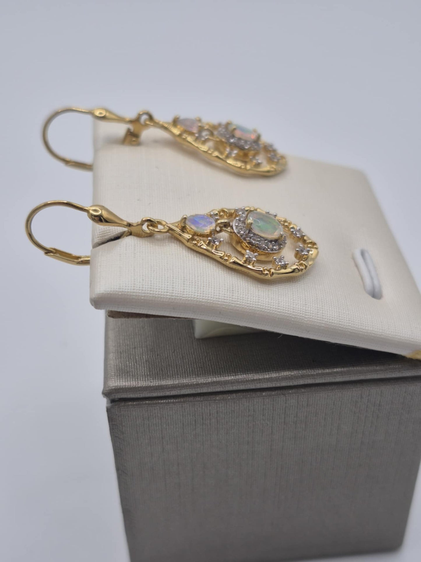 1.09ct Ethiopian Opal, White Zircon Dangle Earrings in 18K Gold Overlay 925 Sterling Silver