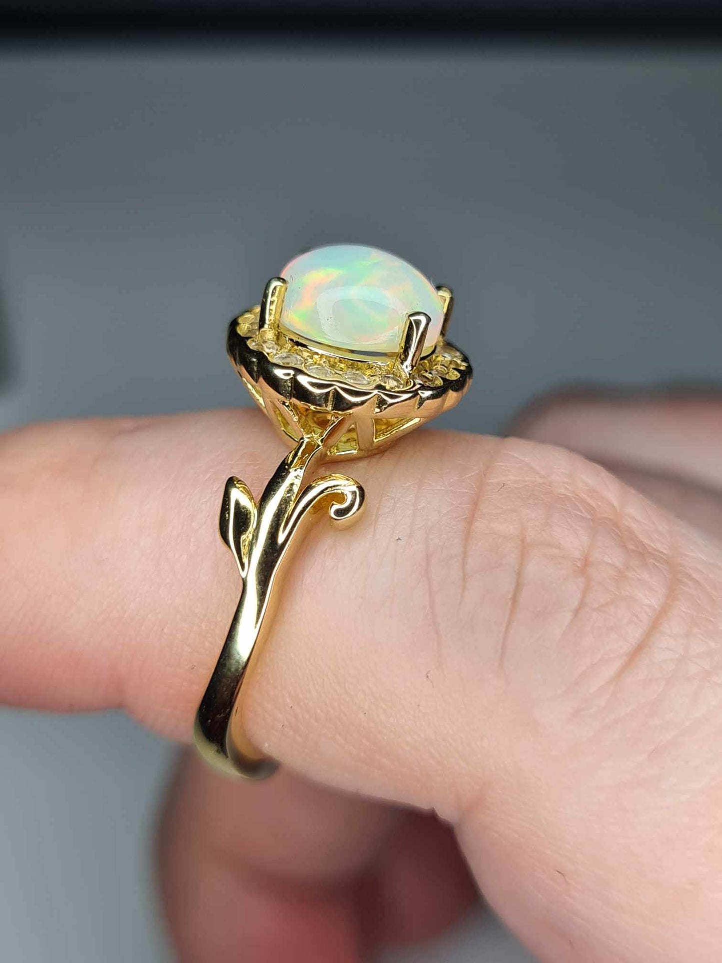 1.68ct Ethiopian Welo Opal, Natural Zircon Halo Ring in 18K Yellow Gold Overlay 925 Sterling Silver SIZE L