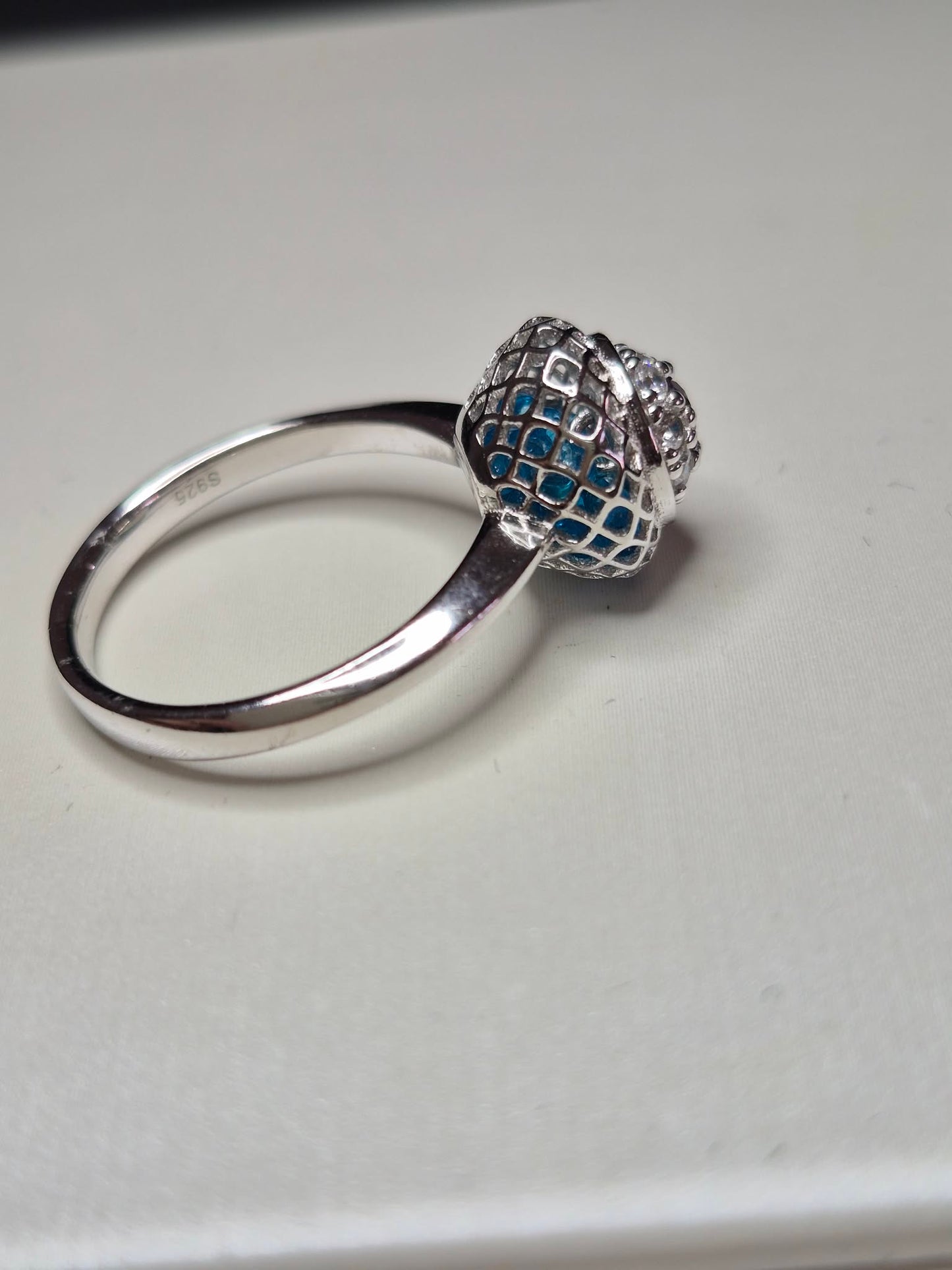 Art Deco Blue Apatite Ring in Rhodium Overlay 925 Sterling Silver SIZE N