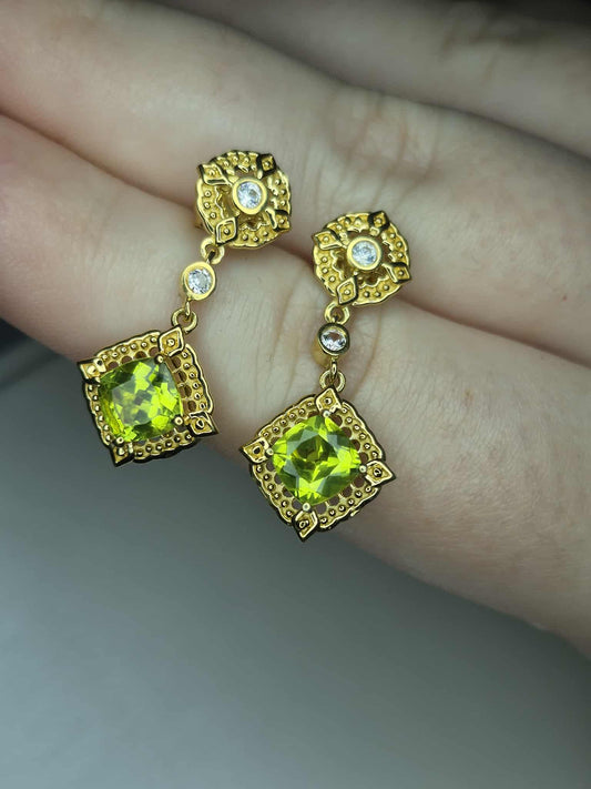 Natural Hebei Peridot, White Zircon Dangling Victorian Dangle Earrings 925 Sterling Silver
